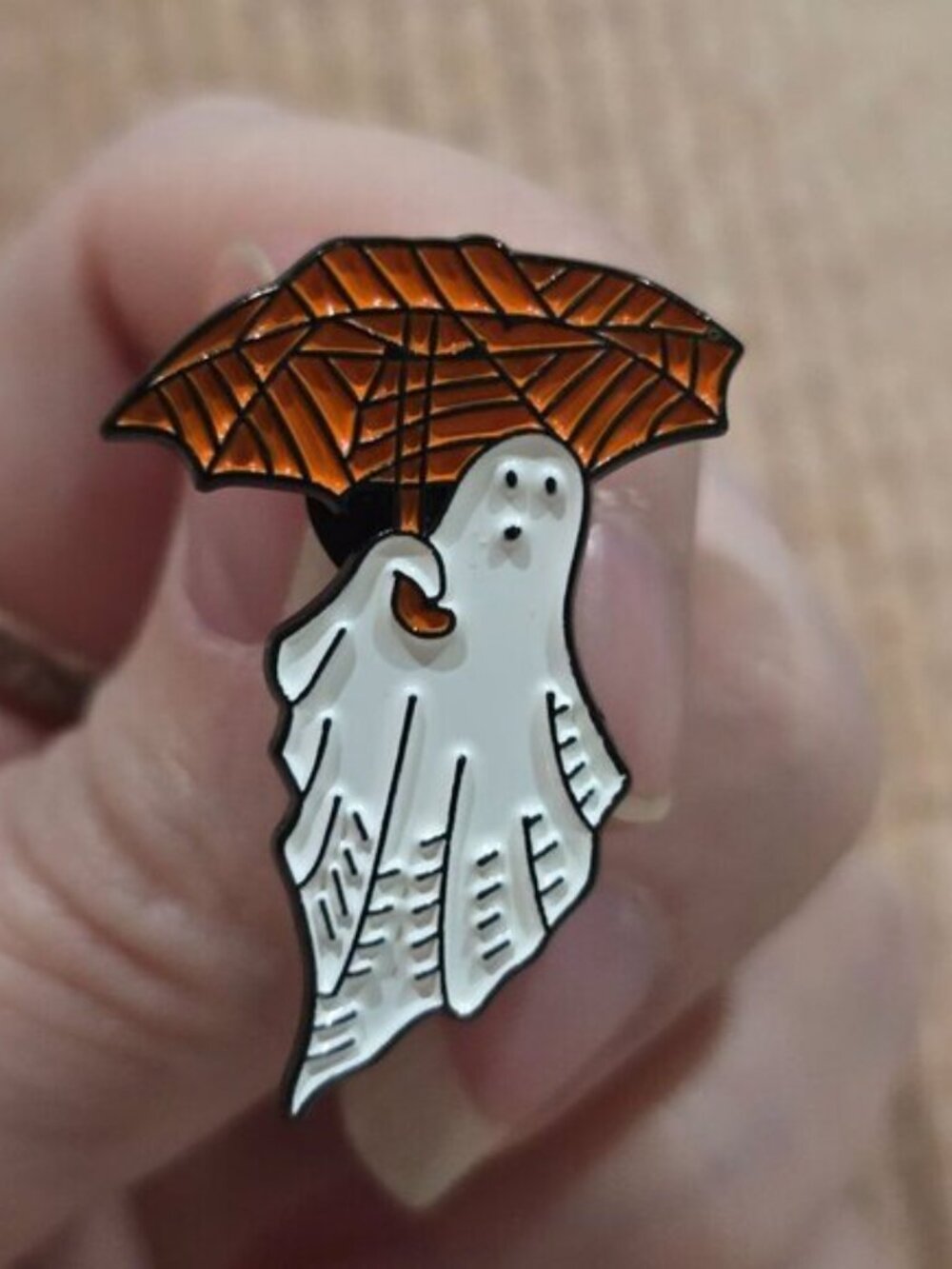 Enamel Pin ✦ Ghost w/ Umbrella ✦ Kawaii Halloween Rain Charm Soft Orange White